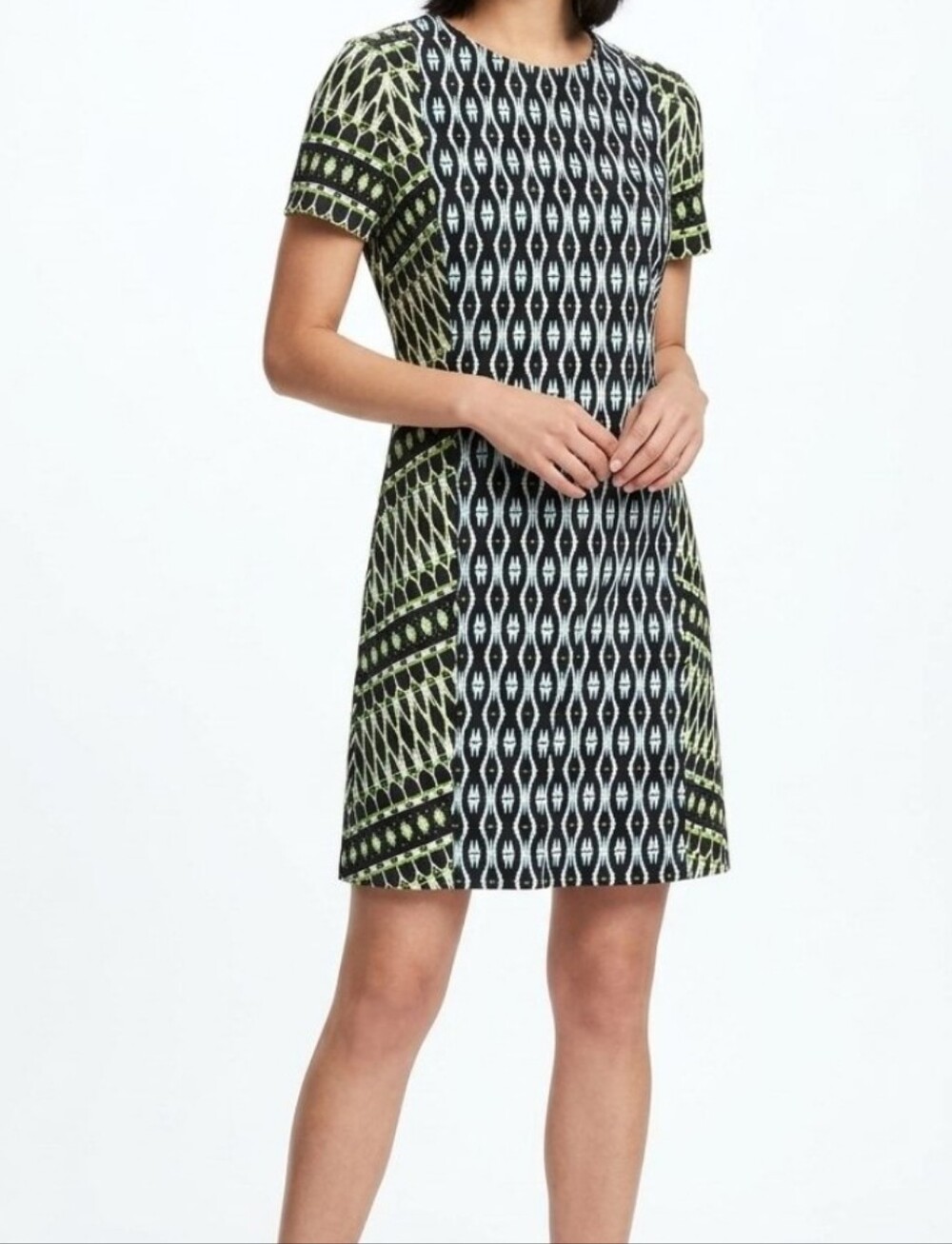 LONDON Times Blue White Green Stretch Short Sleeve Shift Dress Comfort Petite 6P